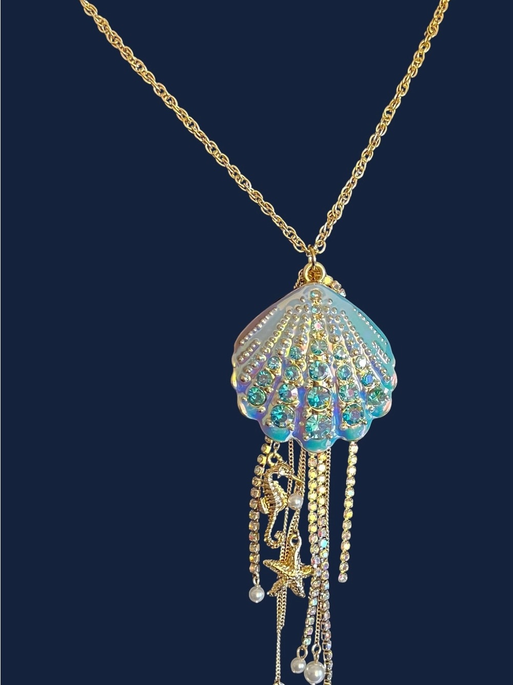 Betsey Johnson Gold-Tone Iridescent Blue Shell Charm Necklace - Picture 15 of 16